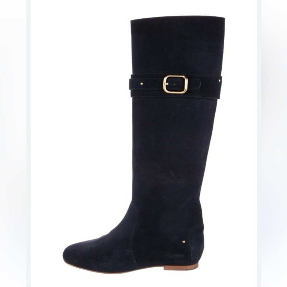 Chloe Navy Suede Boots w/ Gold Hardware Buckle